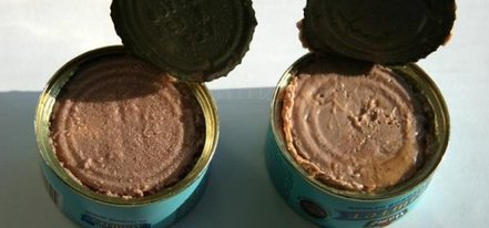 Покупной печеночный паштет в жестяной банке ... с красителями, консервантами и прочей "химией" жестяные банки с печеночным паштетом